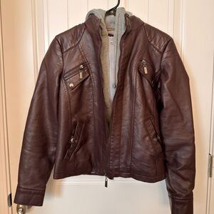 Jou Jou Dark Burgundy Faux Leather Jacket with Gray Hoodie